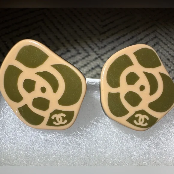 CHANEL Olive Green and Beige Camellia Earrings